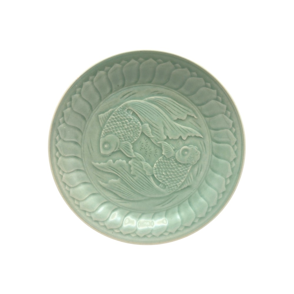 Vintage Chinese Longquan Celadon Koi Fish Plate Green Embossed Twin Fish 9 1/8"